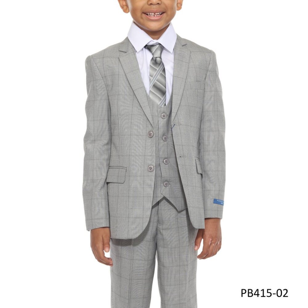 Light Grey Glen Plaid 5 Piece Perry Ellis Boy's Suit